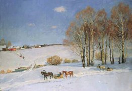Paesaggio invernale con slitta trainata da cavalli