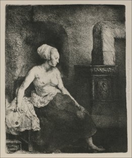 Una donna seduta prima di una stufa olandese