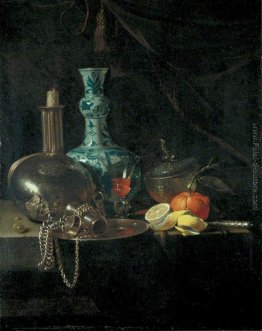 Natura morta con un pellegrino Flask, Candeliere, Porcelain Vase