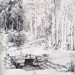 Forest Glade Con Una Fontana Murata con il quale due uomini sono