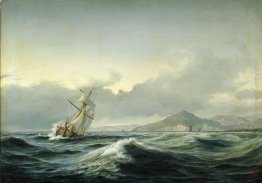 Vista sul mare con nave a vela in mare agitato