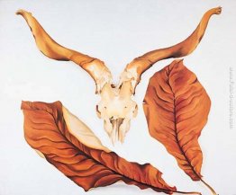 Teschio di ariete con foglie marrone