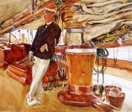 Il capitano Herbert M. Sears sul ponte del Schooner Yacht Conste