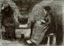 La donna, seduta accanto al fuoco, pelare patate, Schizzo di una