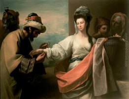 Servitore di Isaac provare il bracciale sul braccio di Rebecca