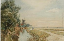 Canal scene con windmil