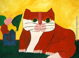 Red Cat e vaso con fiori