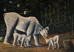 Orso bianco con i suoi cuccioli (in campo di mais)