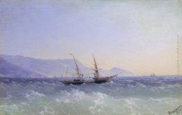 Paesaggio di Crimea, con una barca a vela
