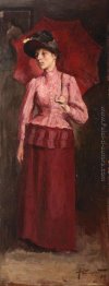 Donna con ombrello rosso