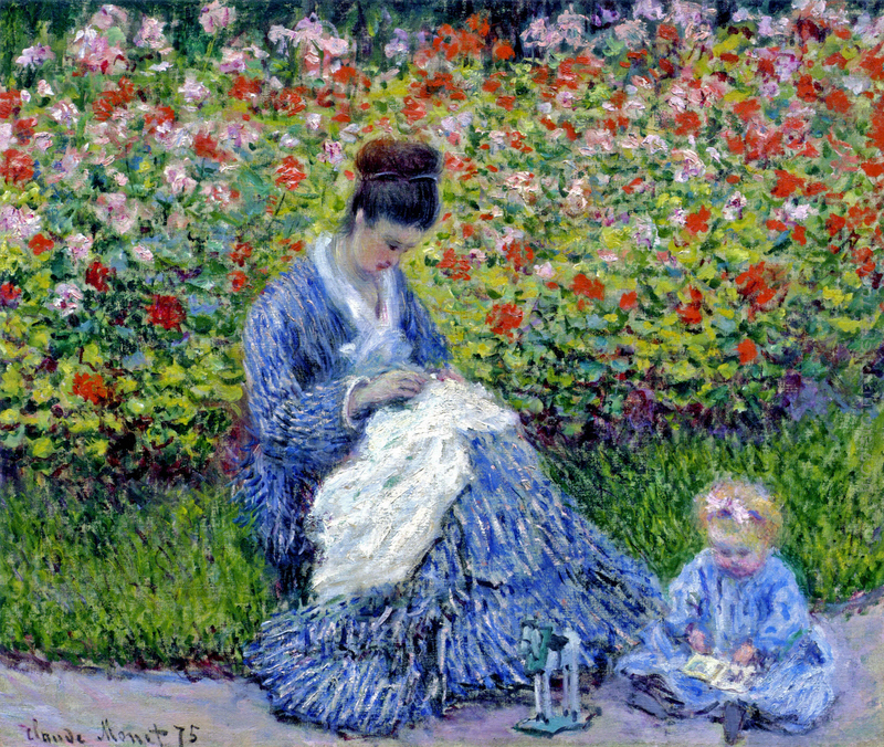 Camille Monet e un bambino nel giardino dell'artista a Argenteui