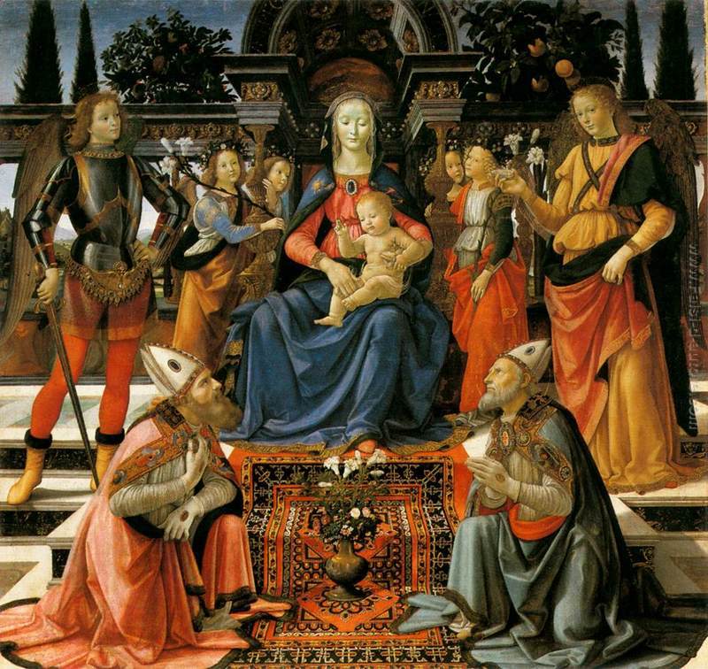Madonna col Bambino in trono con quattro angeli, gli arcangeli M