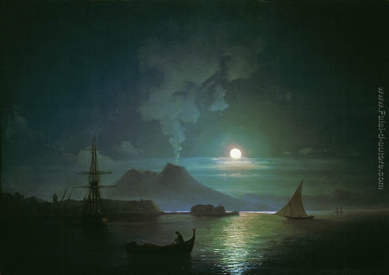Il golfo di Napoli di notte illuminata dalla luna. Vesuvio