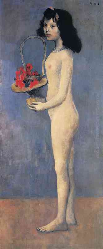 Giovane ragazza nuda con cesto di fiori