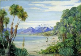 Vista del Monte Earnshaw dall'isola nel lago Wakatipe, Nuova Zel Vista del Monte Earnshaw dall'isola nel lago Wakatipe, Nuova Zel