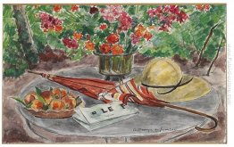 Vase de fleurs, assiette de Peches, ombrelle et le Figaro Vase de fleurs, assiette de Peches, ombrelle et le Figaro