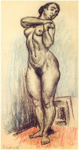 In piedi nudo e appoggiando le mani sulla spalla sinistra In piedi nudo e appoggiando le mani sulla spalla sinistra