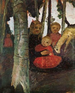 Tre bambini con capra nel bosco di betulle Tre bambini con capra nel bosco di betulle