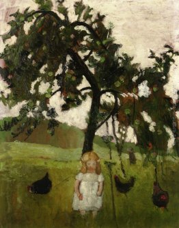 Elisabetta con galline sotto un albero di mele Elisabetta con galline sotto un albero di mele