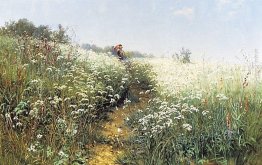 Una donna sotto un ombrello su un prato fiorito Una donna sotto un ombrello su un prato fiorito