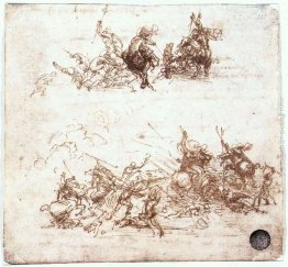 Pagina da un notebook con figure che combattono a cavallo ed a p Pagina da un notebook con figure che combattono a cavallo ed a p