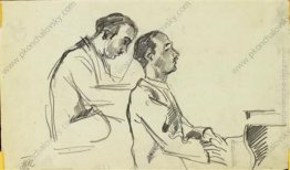 Due schizzi di pianista italiano Carlo T?ekki al pianoforte per Due schizzi di pianista italiano Carlo T?ekki al pianoforte per
