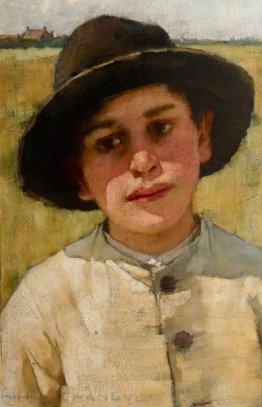 Studio di un ragazzo in un cappello nero, prima di un campo di g Studio di un ragazzo in un cappello nero, prima di un campo di g