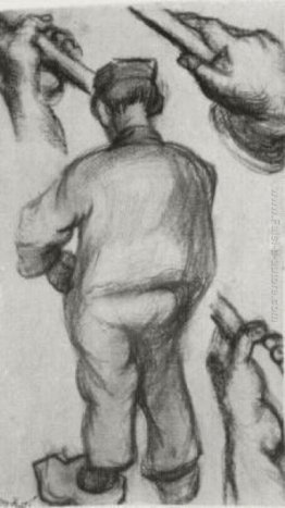 Contadino, visto da tergo e tre mani possesso di un bastone Contadino, visto da tergo e tre mani possesso di un bastone