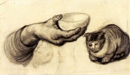 Mano con ciotola e un gatto Mano con ciotola e un gatto