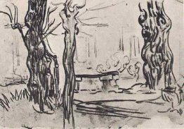 Giardino del manicomio e tronchi d'albero e una panchina di piet Giardino del manicomio e tronchi d'albero e una panchina di piet