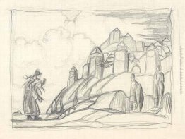 Sketch con la donna di fronte a mura della città Sketch con la donna di fronte a mura della città