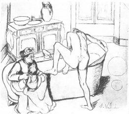 Nudo entrare nella vasca accanto alla nonna seduta Nudo entrare nella vasca accanto alla nonna seduta
