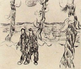 Due uomini su una strada con alberi di pino Due uomini su una strada con alberi di pino