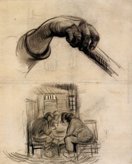 Mano con un bastone, e Quattro persone condivisione di un pasto Mano con un bastone, e Quattro persone condivisione di un pasto