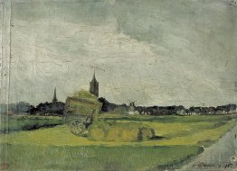 Paesaggio con carro di fieno, campanili e mulino a vento Paesaggio con carro di fieno, campanili e mulino a vento
